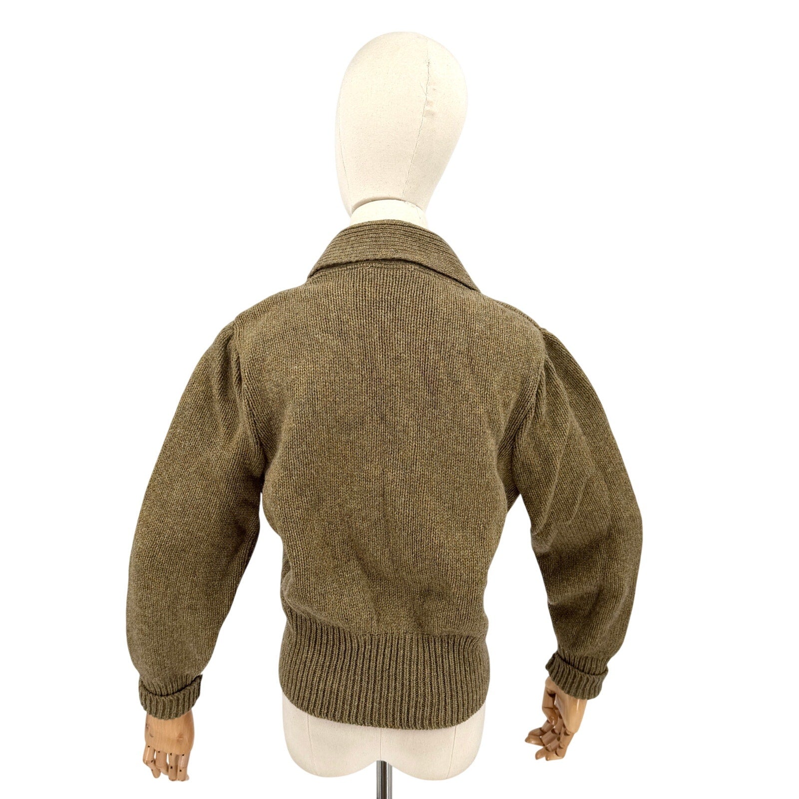 Vintage 60s Olive Green 100% Wool Puff Sleeve Shawl Cardigan Sweater