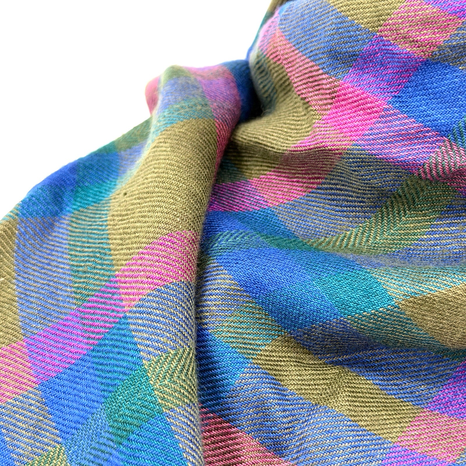 Vintage 70s Echo Olive Blue Pink Plaid Square Scarf