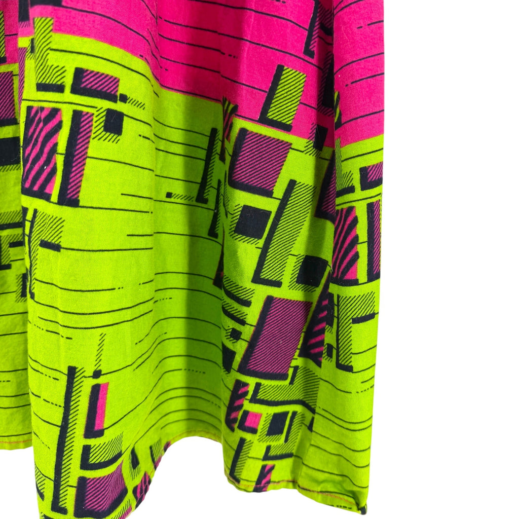 Neon Green Pink Geometric African Print 100% Cotton Batwing Midi Dress