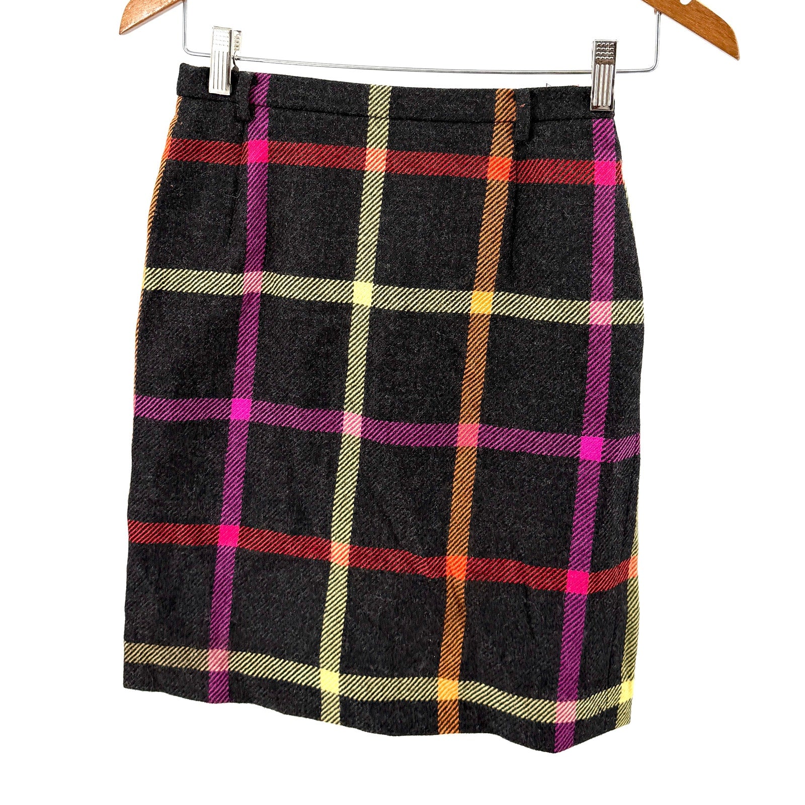 Vintage 90s Mondi Charcoal Wool Neon Plaid Pencil Mini Skirt