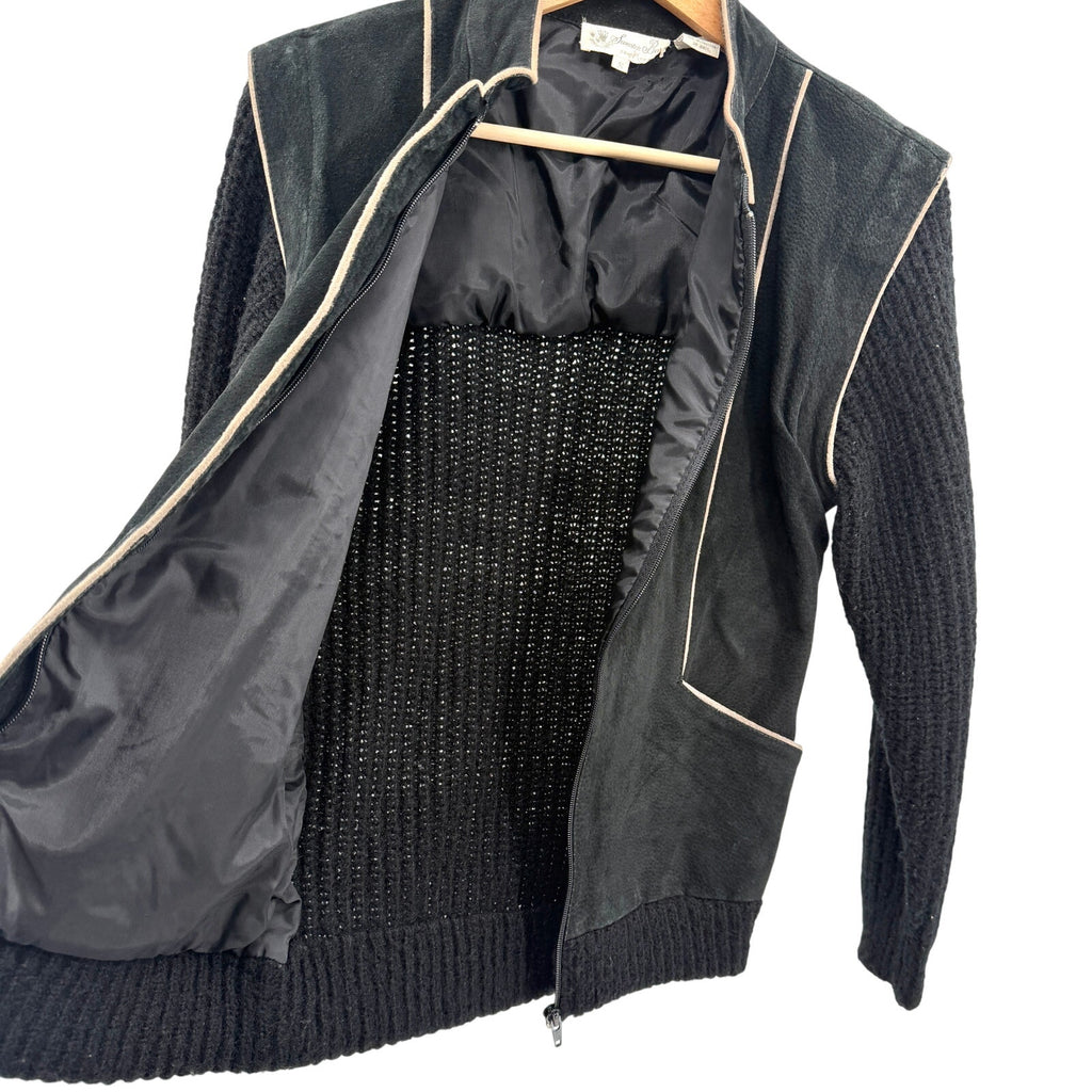 Vintage 70s Sweater Bee Black Suede Trim Zip-Front Sweater Jacket