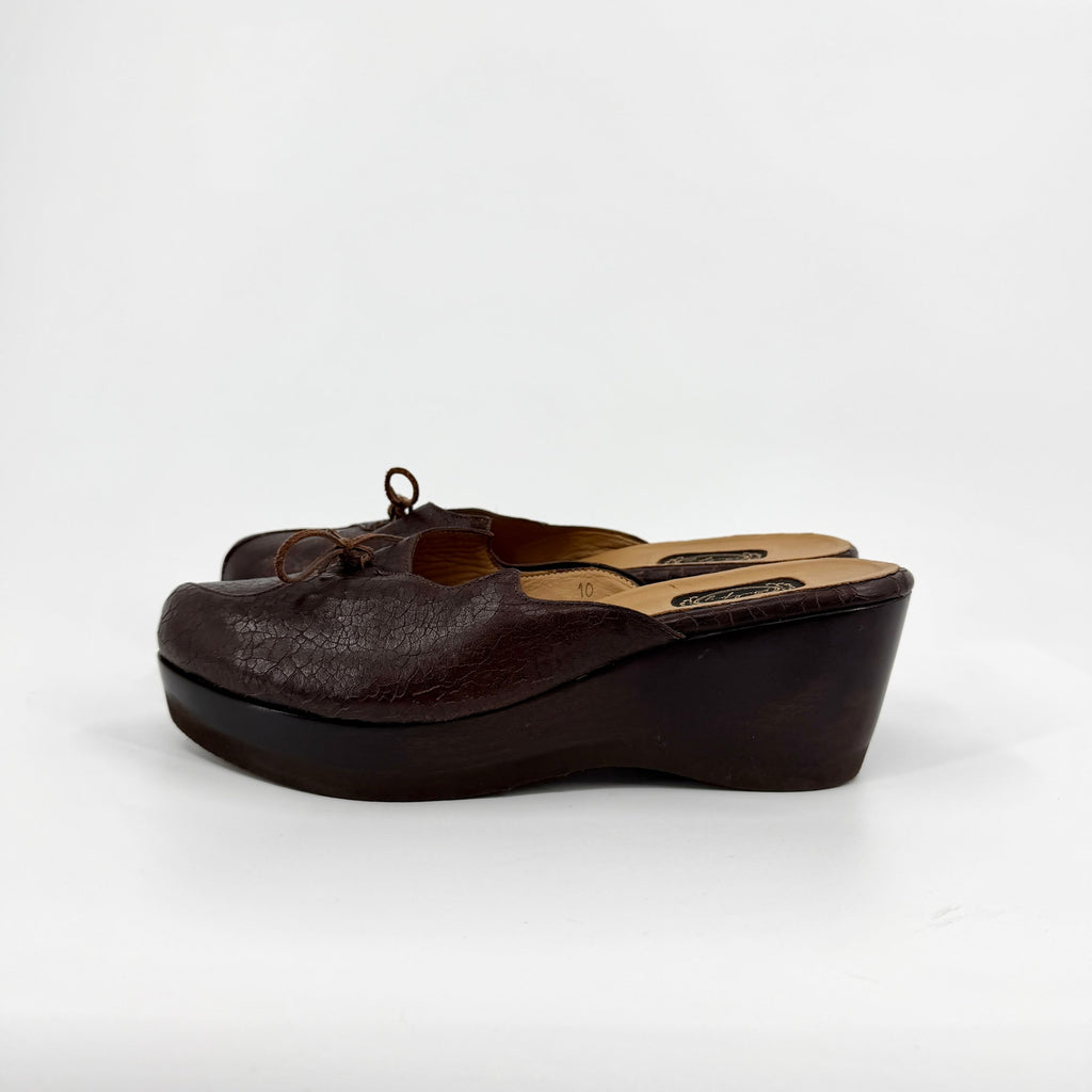 Vintage Y2K Salpy Brown Genuine Leather Wood Platform Clog Mules