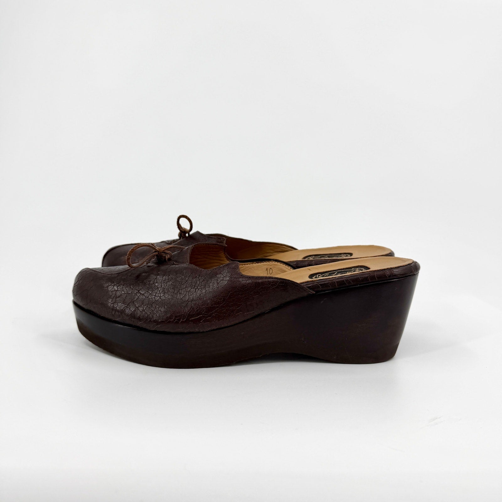Vintage Y2K Salpy Brown Genuine Leather Wood Platform Clog Mules