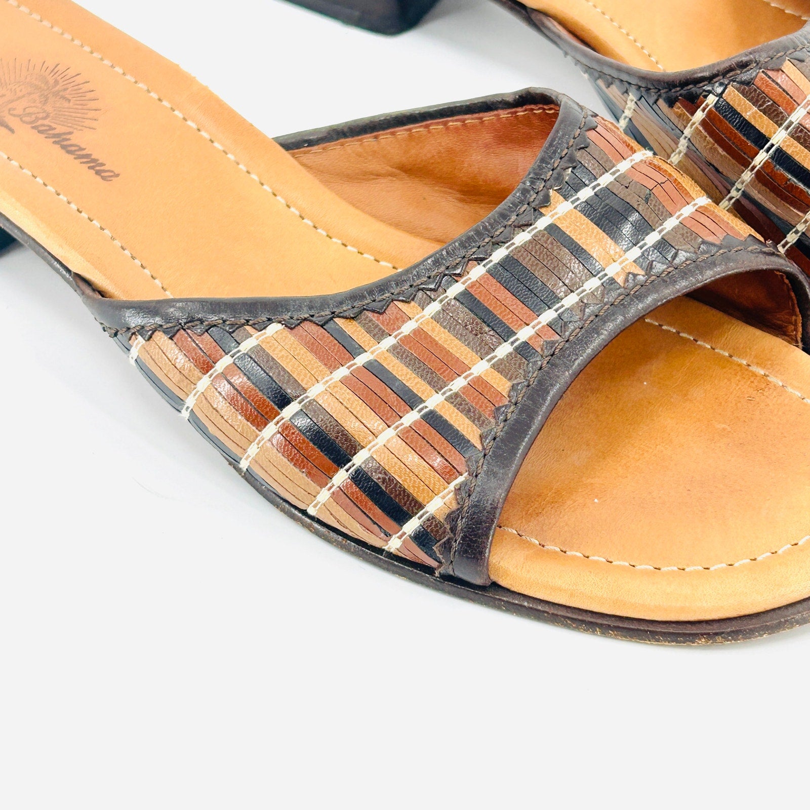 Vintage 90s Tommy Bahama Brown Tan Woven Leather Block Heel Mules