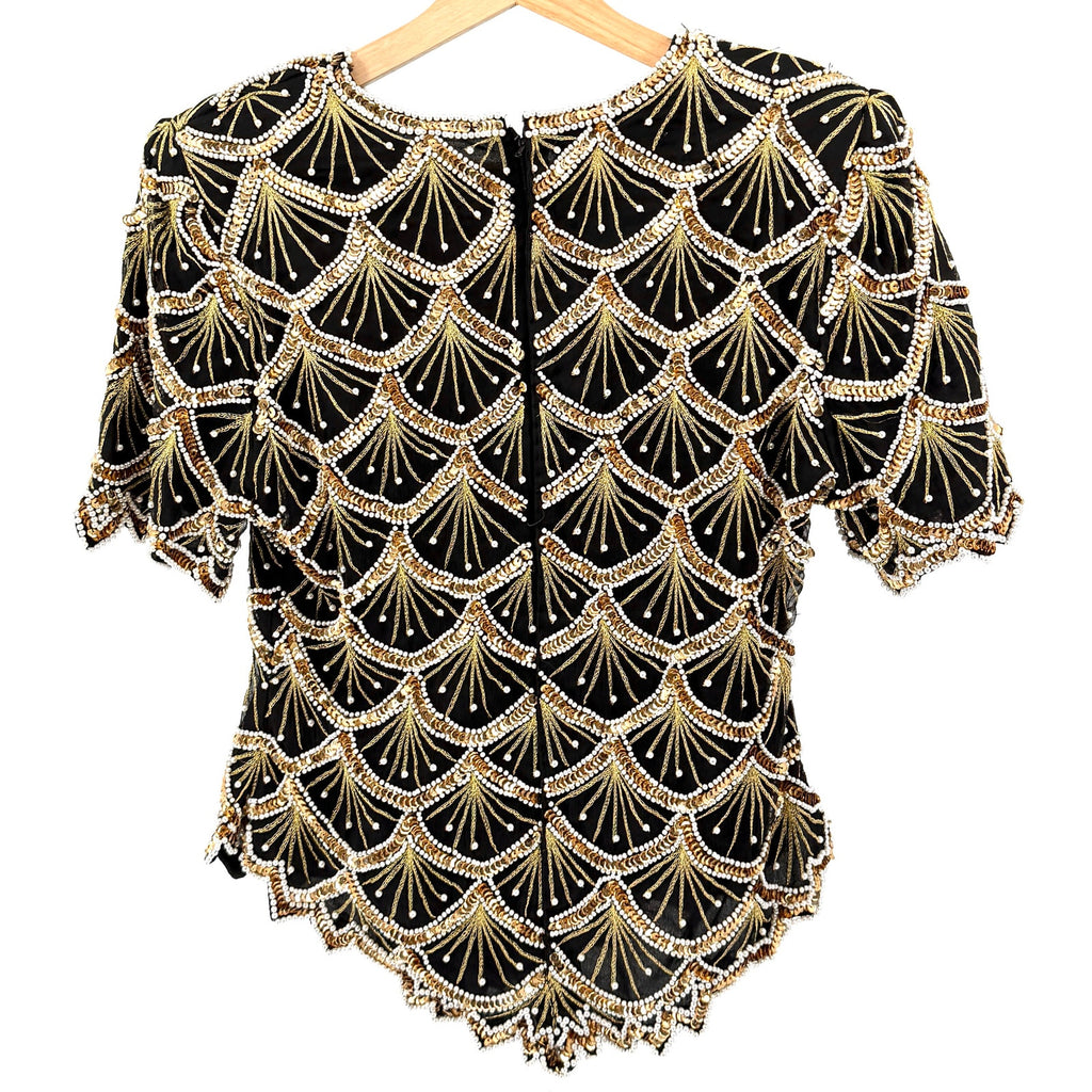 Vintage 80s Laurence Kazar Black 100% Silk Beaded Gold Sequin Pearl Glam Top
