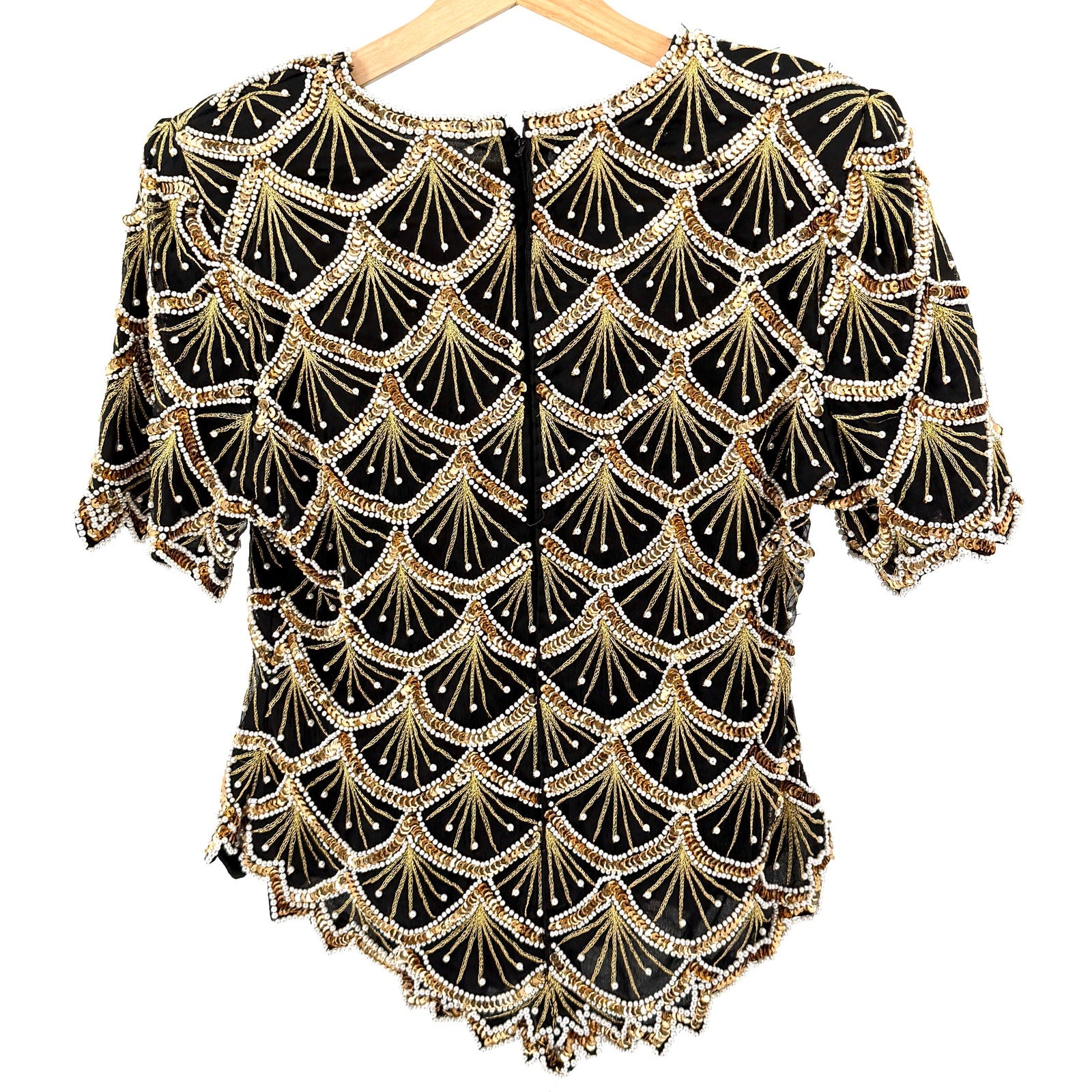 Vintage 80s Laurence Kazar Black 100% Silk Beaded Gold Sequin Pearl Glam Top