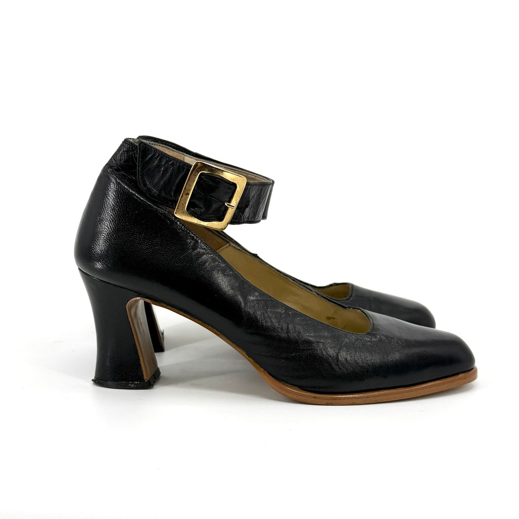 Vintage 90s Gino & Salvatore Black Leather Glam Block Heel Mary Jane Pumps