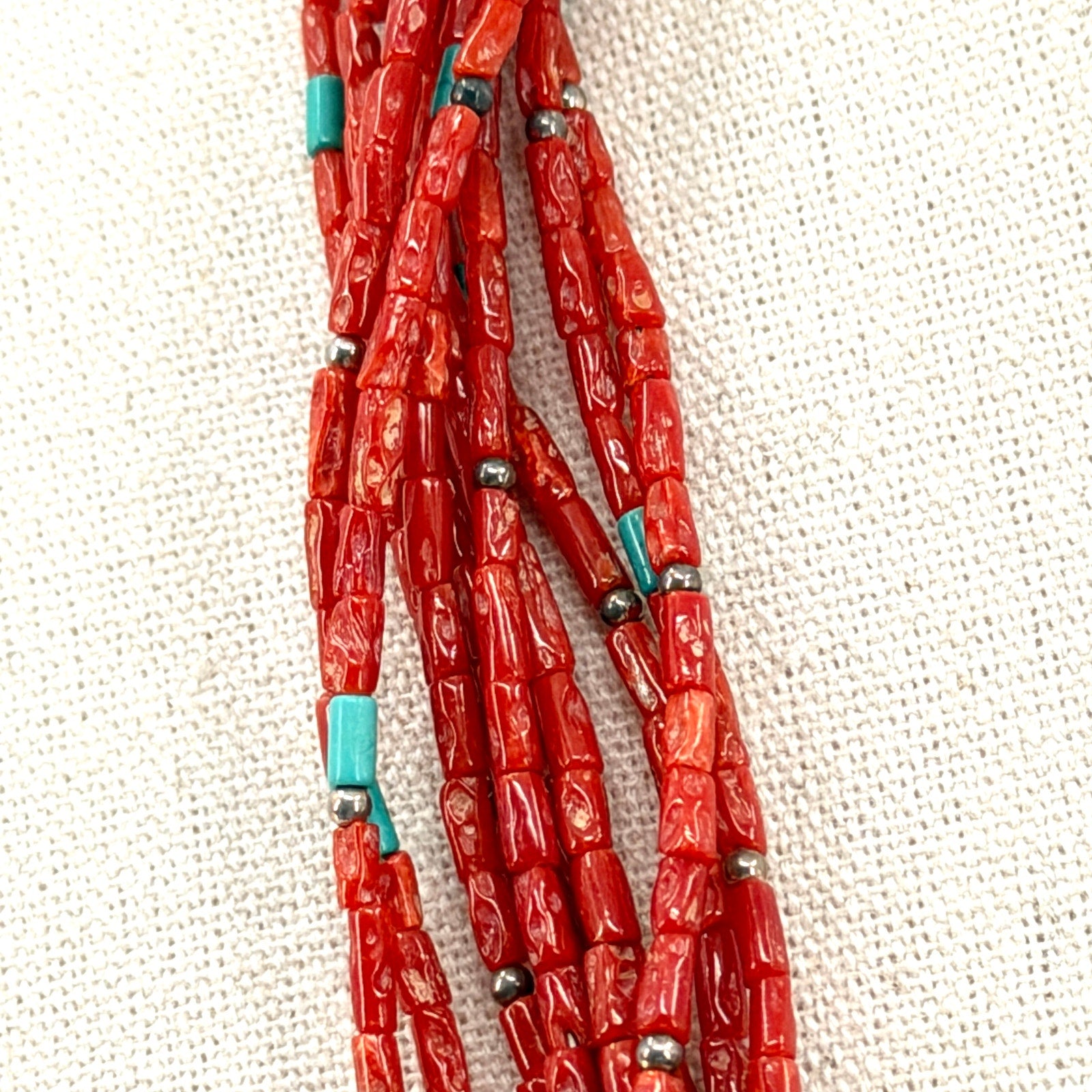 Vintage 80s Red Coral Sterling Silver Southwestern Multi Strand Necklace