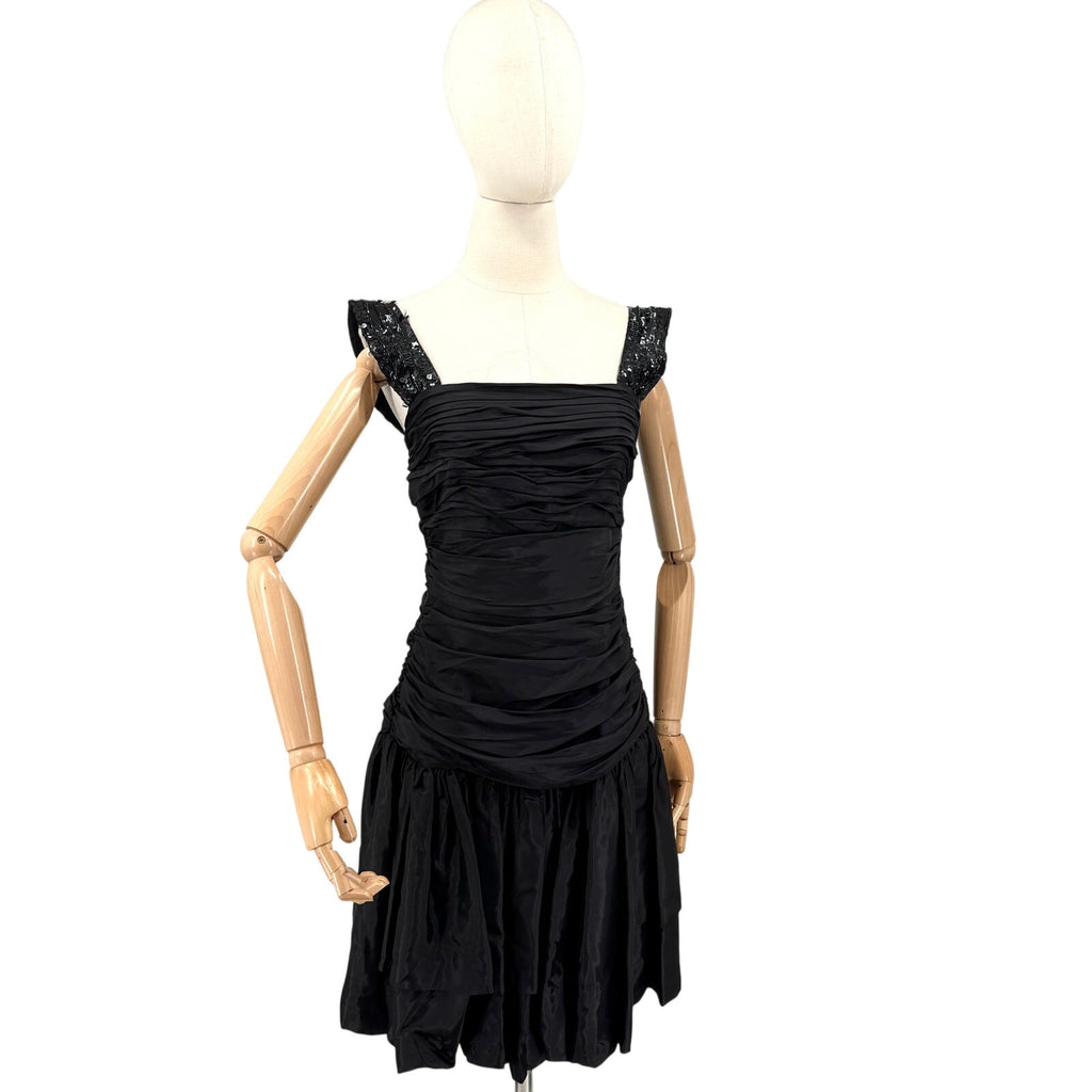 Vintage 80s Tadashi Black Ruched Sequin Strap Glam Cocktail Party Dress