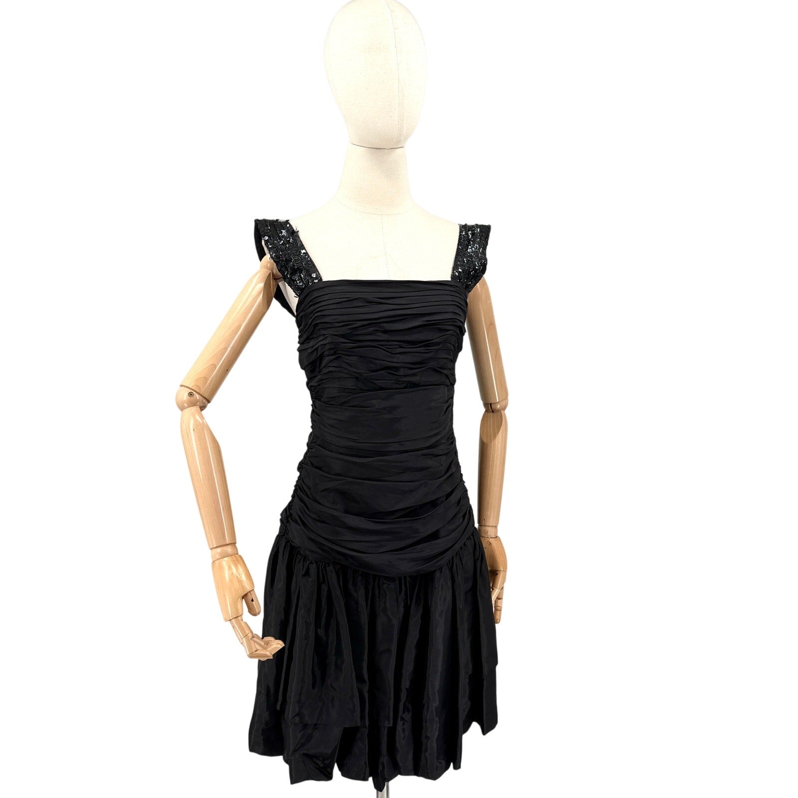 Vintage 80s Tadashi Black Ruched Sequin Strap Glam Cocktail Party Dress