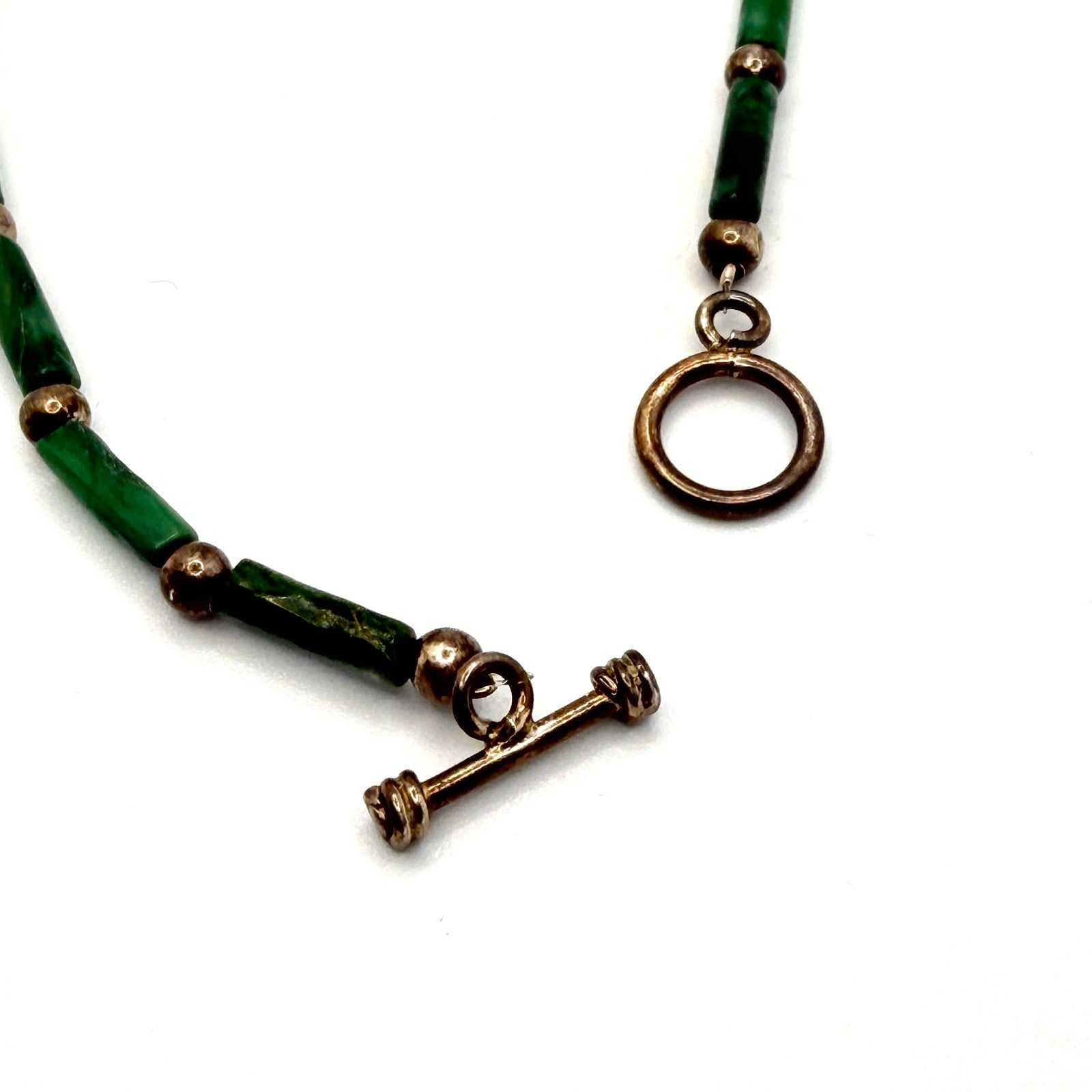 Vintage 90s Green Nephrite Jade Sterling Silver Tube Bead Toggle Necklace