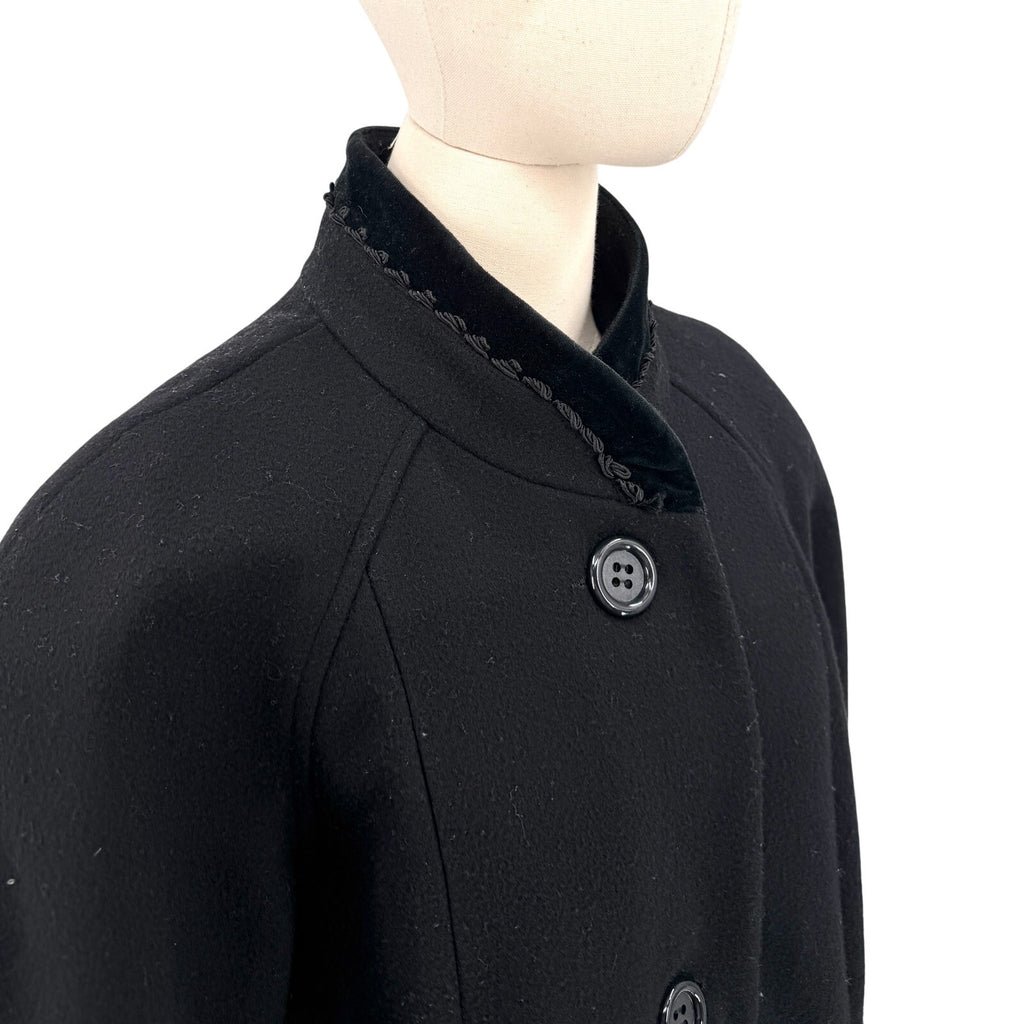 Vintage 90s Worthington Black Wool Velvet Trim Swing Coat