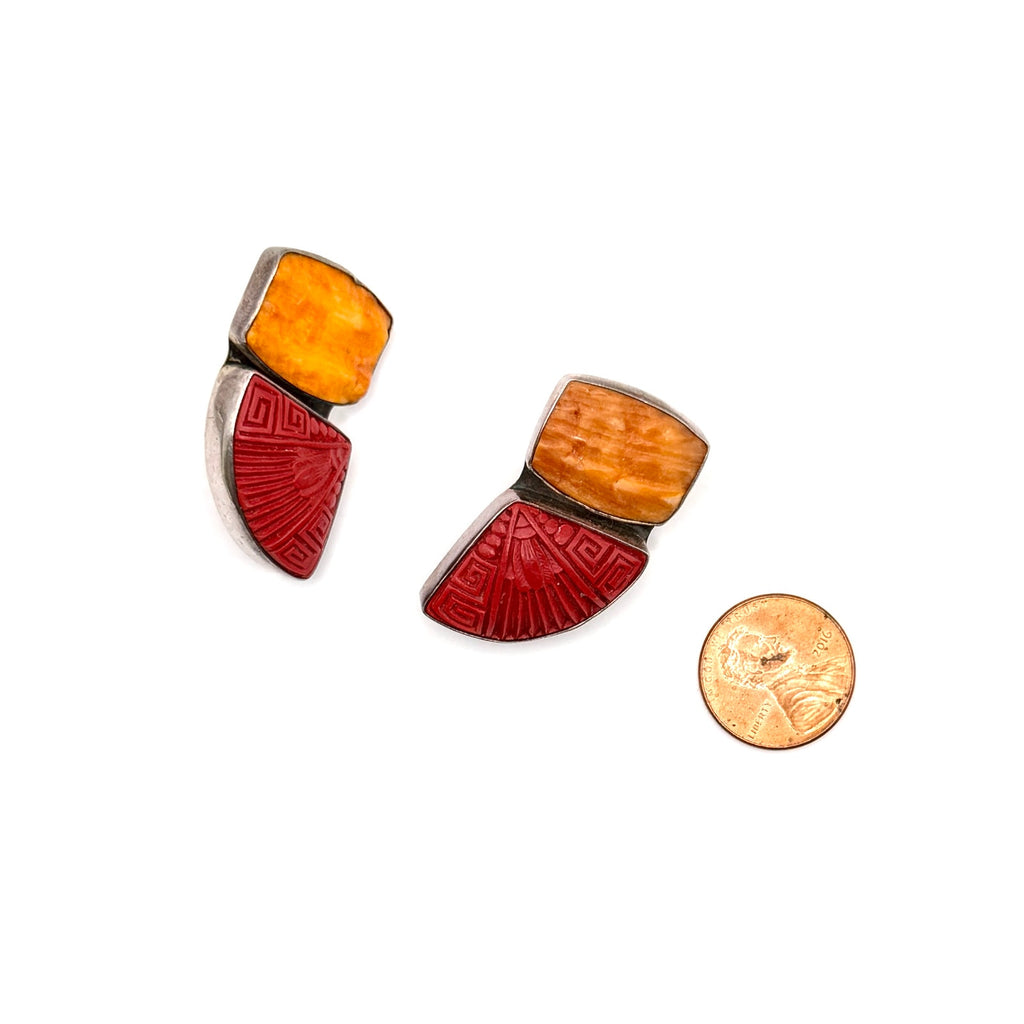 Vintage 90s Amy Kahn Russell Stamped Sterling Cinnabar Spiny Oyster Earrings