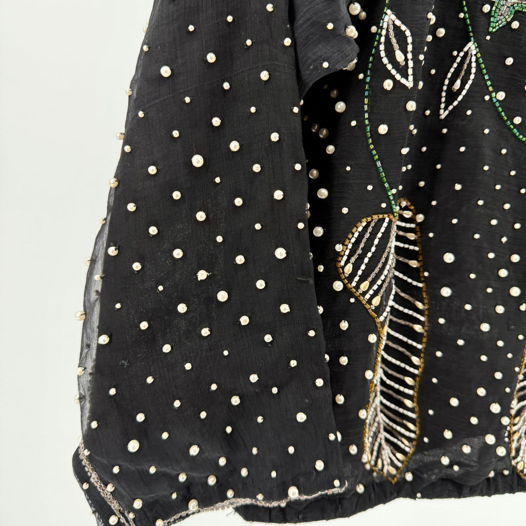 Vintage 80s Black 100% Pure Silk Beaded Floral Faux Pearl Blouse