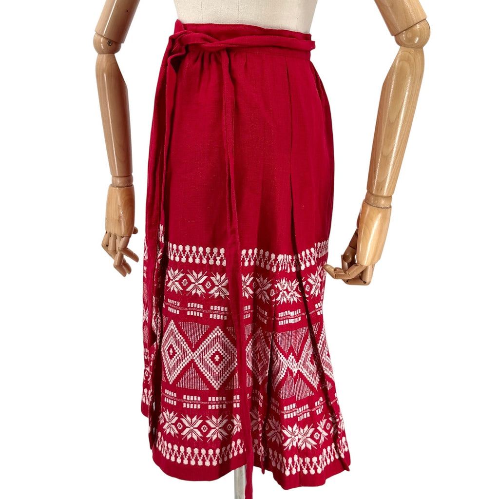 Vintage 80s Red 100% Cotton Ethnic Embroidered Wrap Skirt