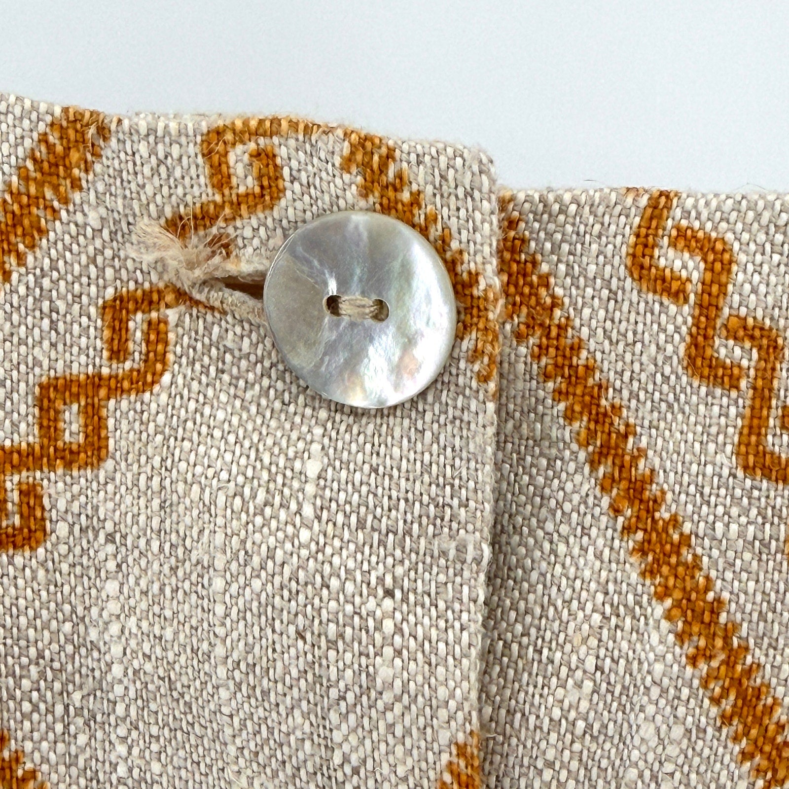 Vintage 90s Handmade Beige Mustard Yellow Linen Tribal Print Skirt Blouse Set