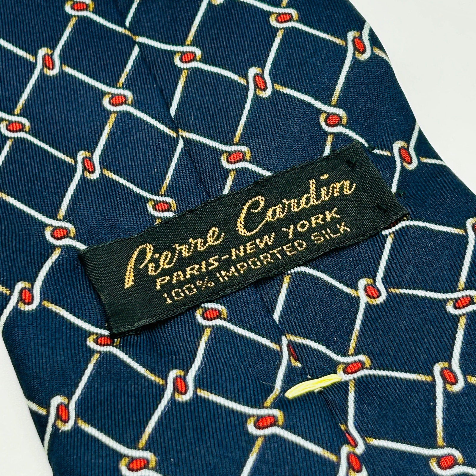 Vintage 70s Pierre Cardin Navy Blue Red White Geometric Silk Tie