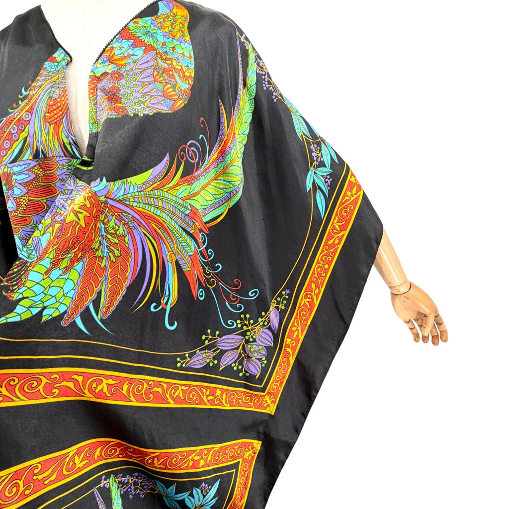 Vintage 90s Winlan Black Peacock Print Satin Kimono Robe