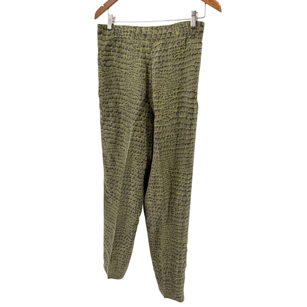 Vintage 90s Diane Gilman Green 100% Silk Alligator Croc Print Taper Leg Pants