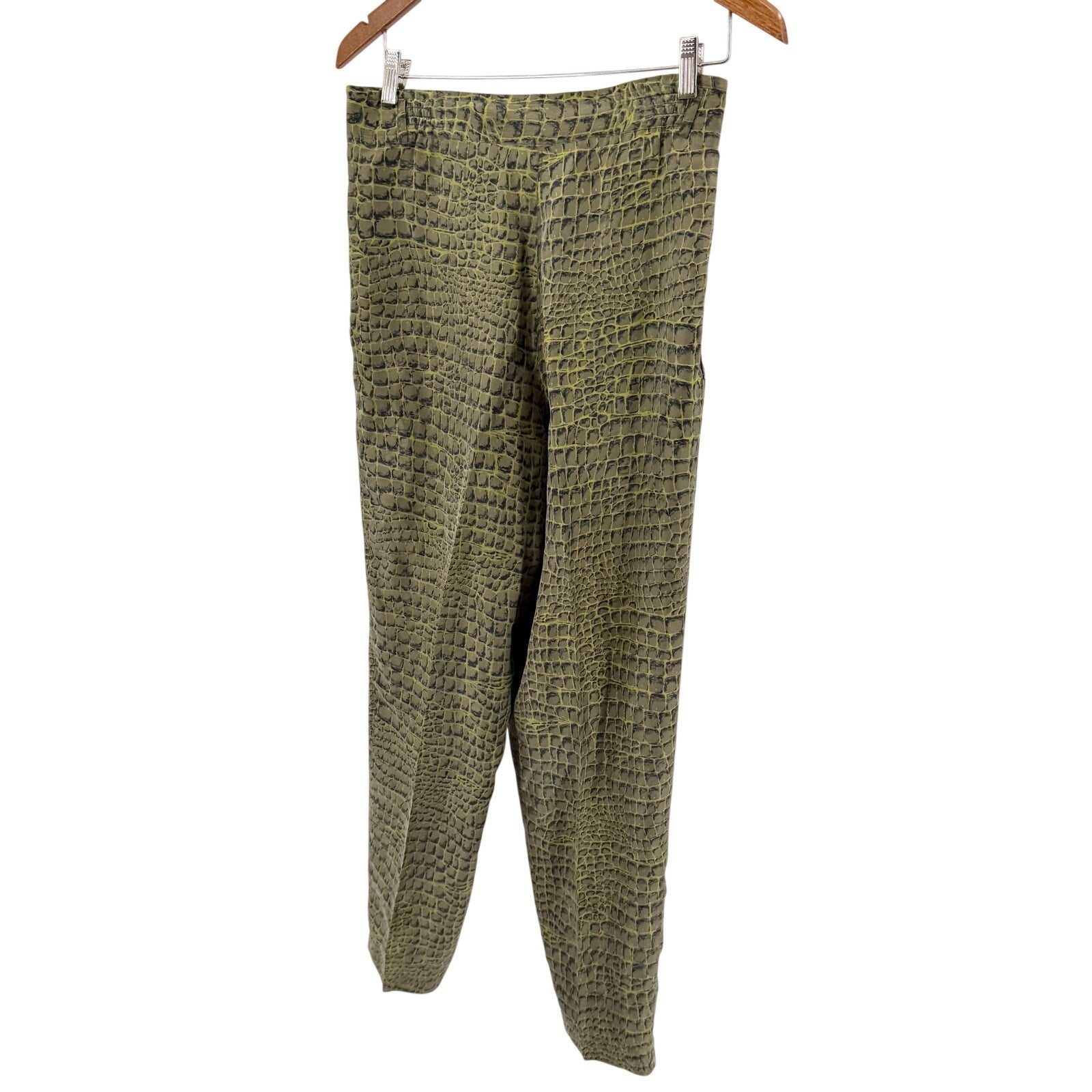 Vintage 90s Diane Gilman Green 100% Silk Alligator Croc Print Taper Leg Pants