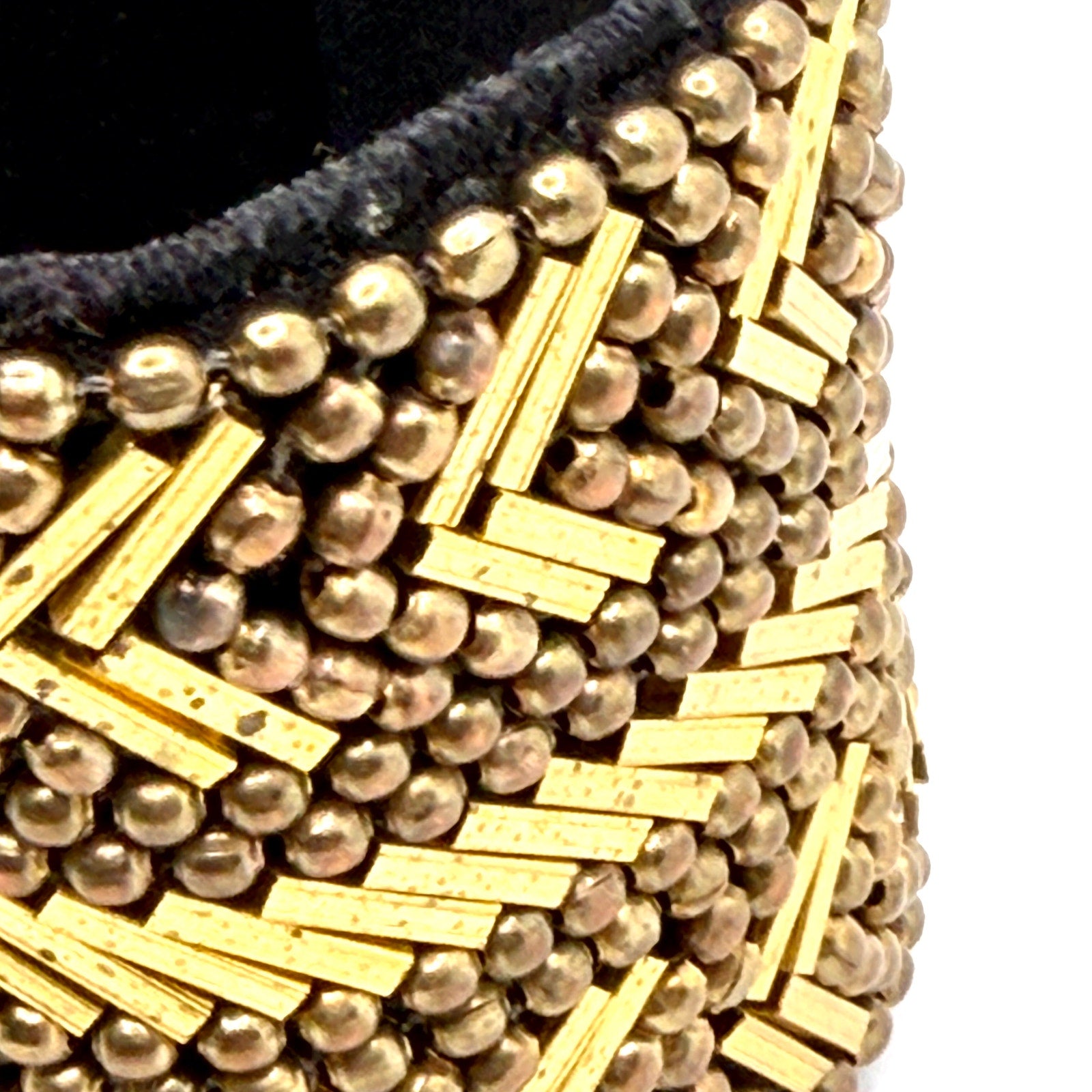 Vintage 90s Gold Tone Beaded Geometric Black Fabric Cuff Bracelet
