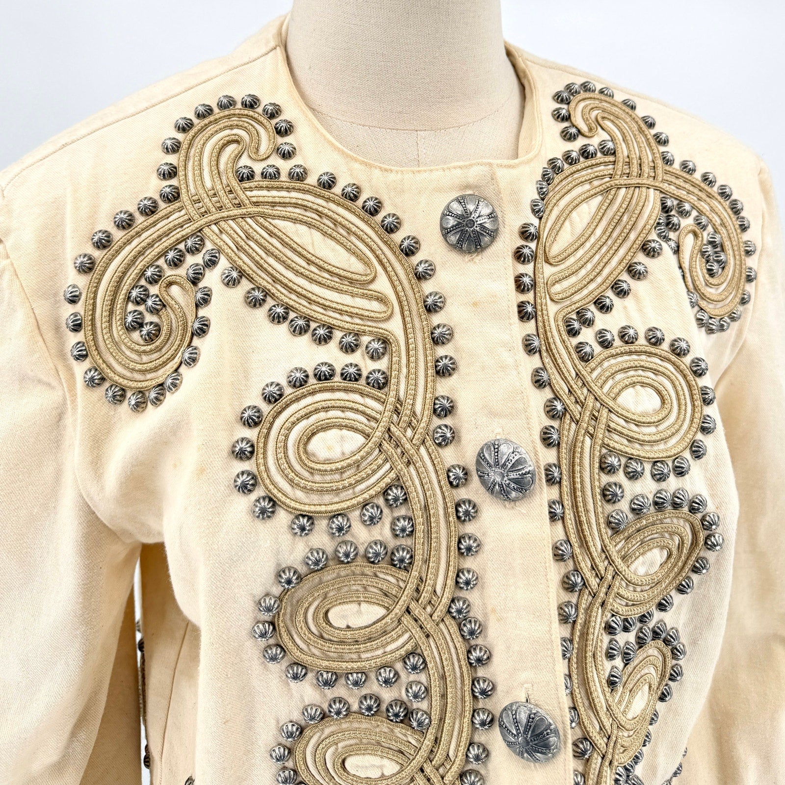 Vintage 90s Double D Ranch Cream 100% Cotton Studded Soutache Cropped Jacket