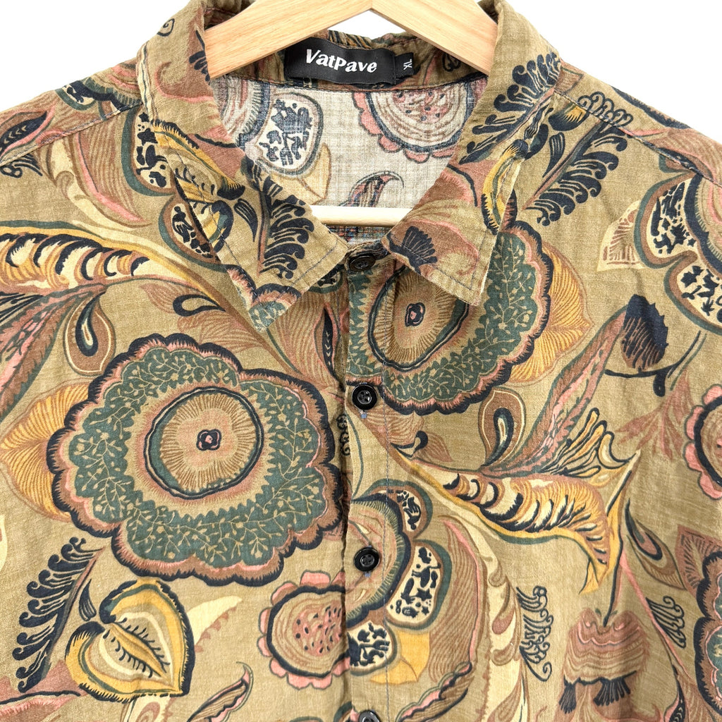 VatPave Olive Green Floral Paisley Cotton Blend Short Sleeve Button Up Shirt
