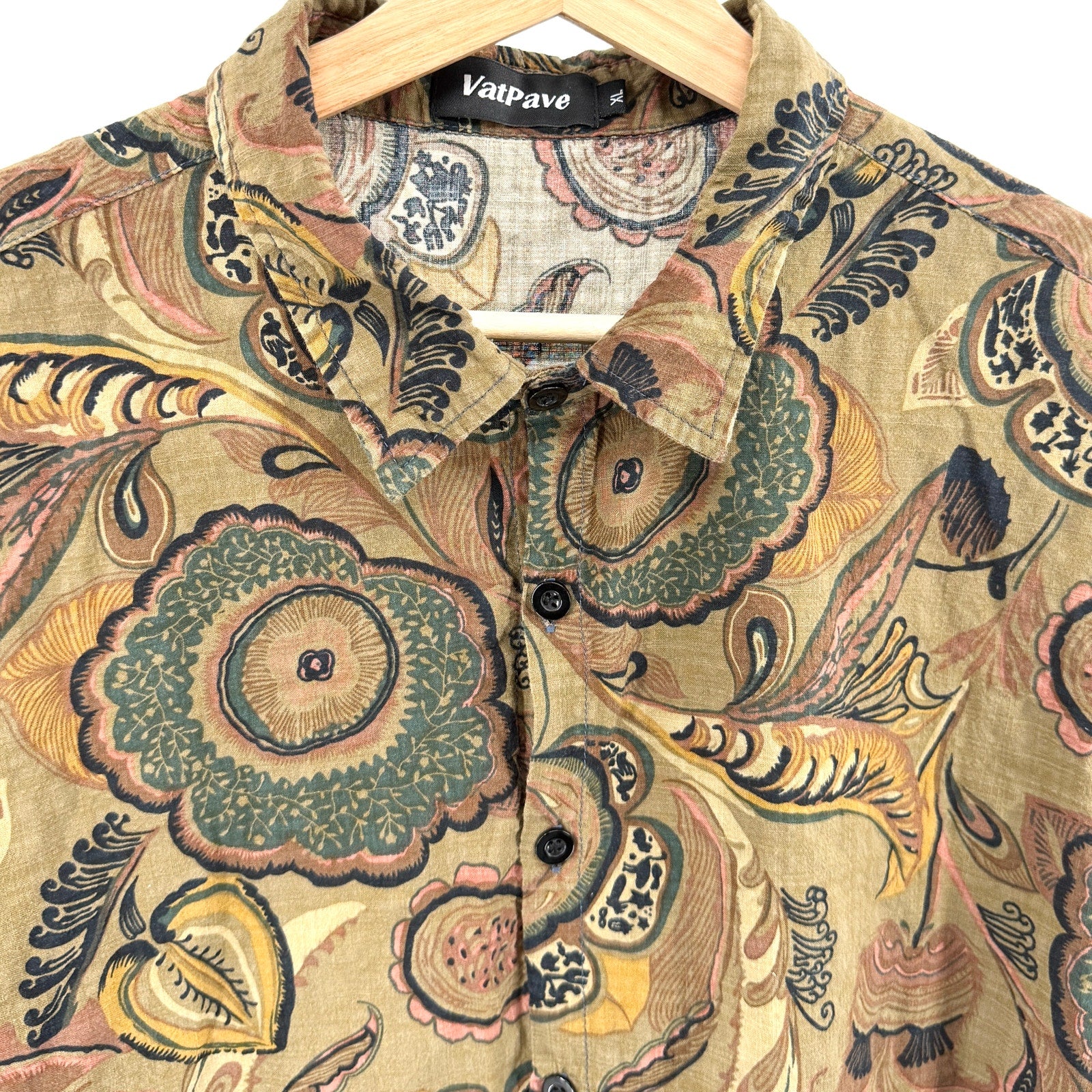 VatPave Olive Green Floral Paisley Cotton Blend Short Sleeve Button Up Shirt