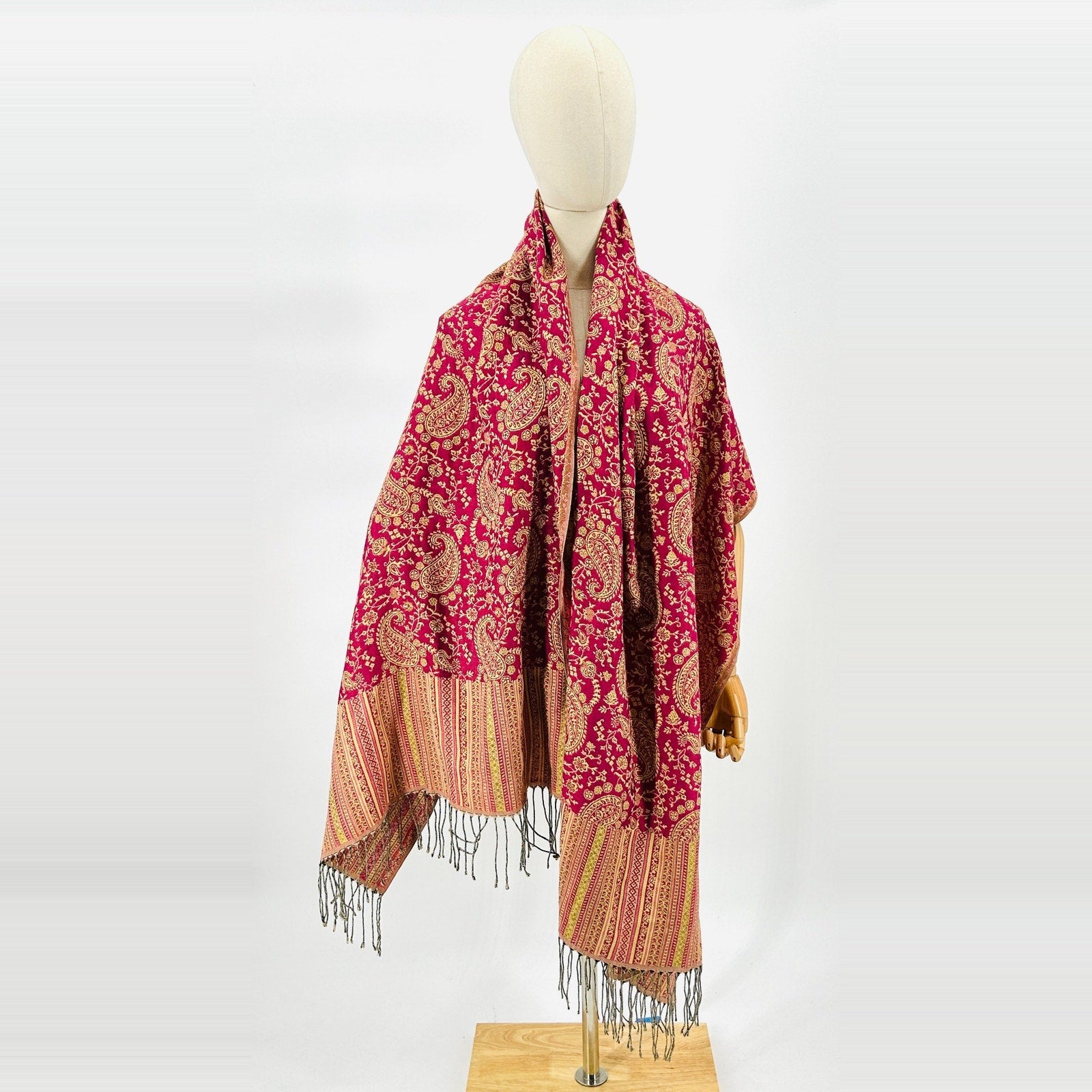 Pashmina Pink Yellow Paisley Turkish Woven Fringe Oversized Shawl Wrap