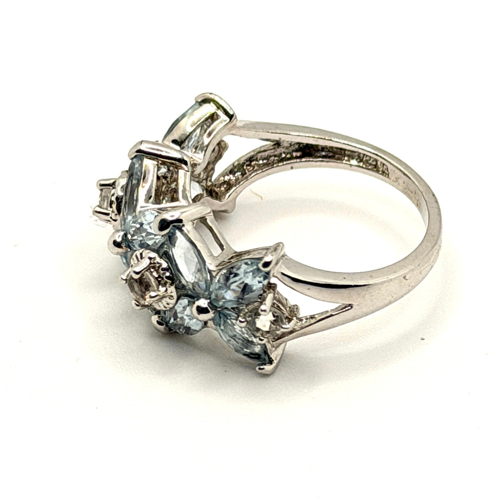 Vintage 90s Sterling Silver Marquise Blue Topaz Floral Cluster Ring