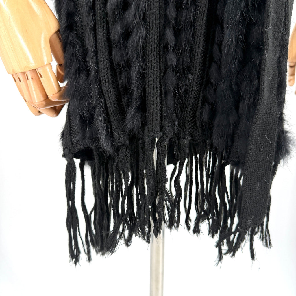 Vintage Y2K Fantazia Black Genuine Rabbit Fur Boho Fringe Self Tie Sweater Vest