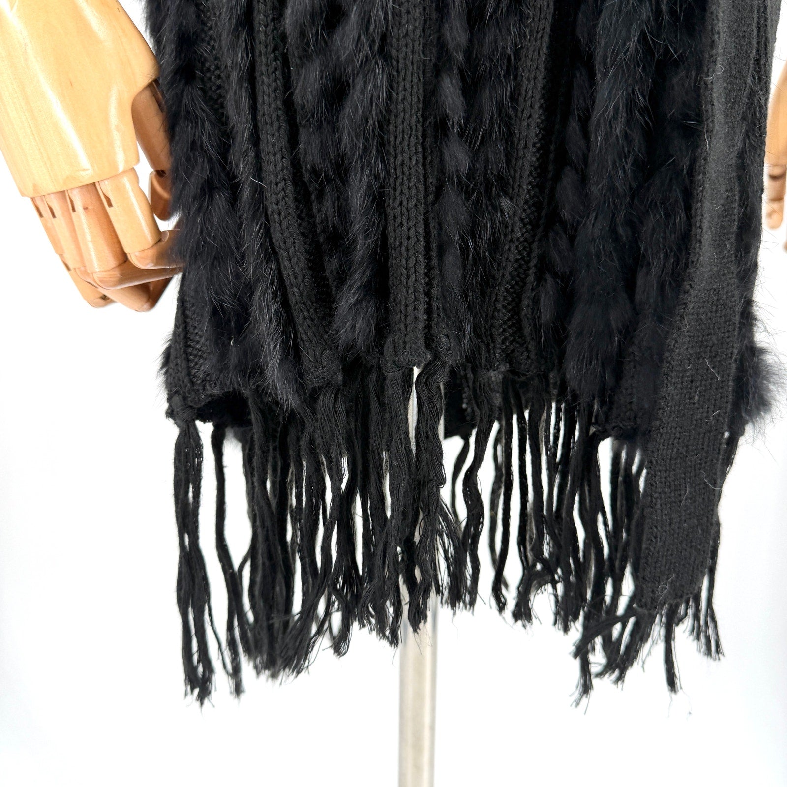 Vintage Y2K Fantazia Black Genuine Rabbit Fur Boho Fringe Self Tie Sweater Vest