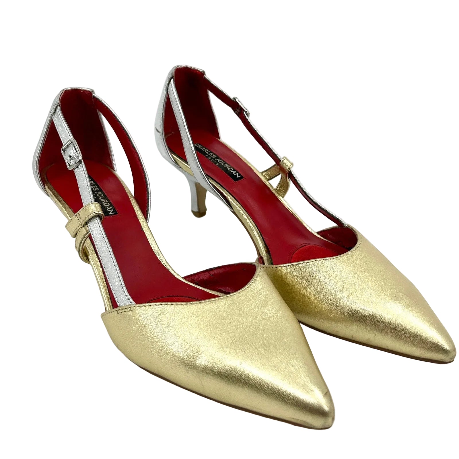 Vintage Y2K Charles Jourdan Gold Silver Leather Pointed Toe T-Strap Heels