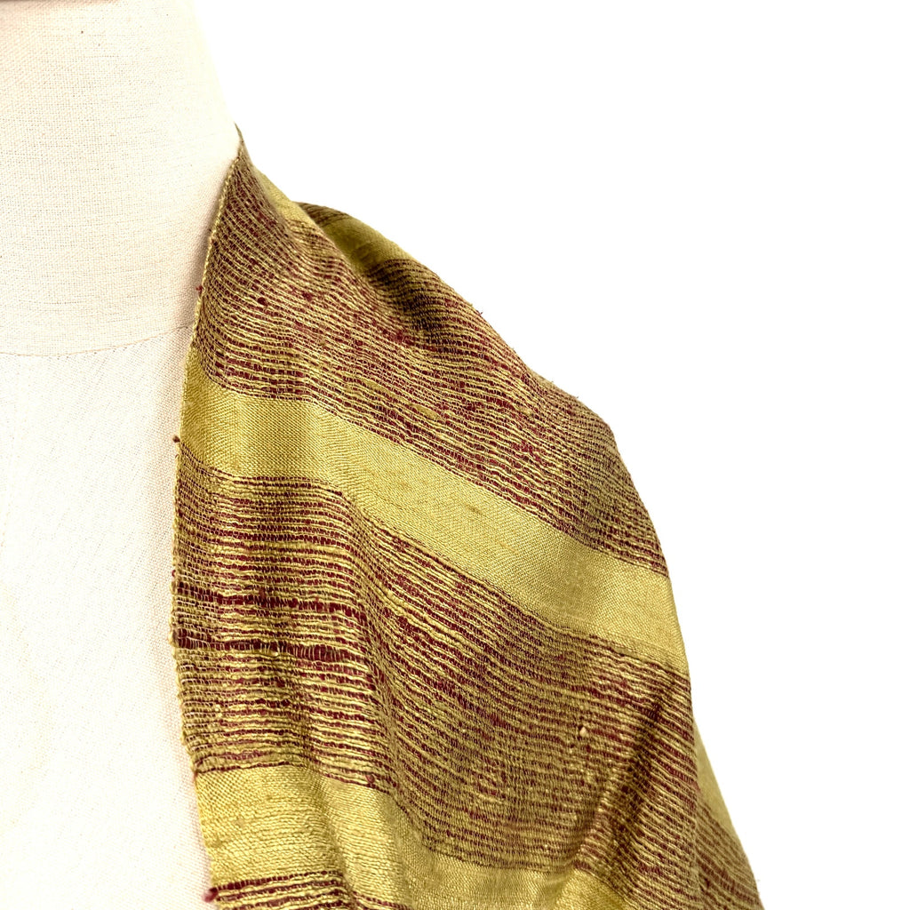 Olive Green Red Striped 100% Raw Silk Fringed Artisan Scarf Wrap