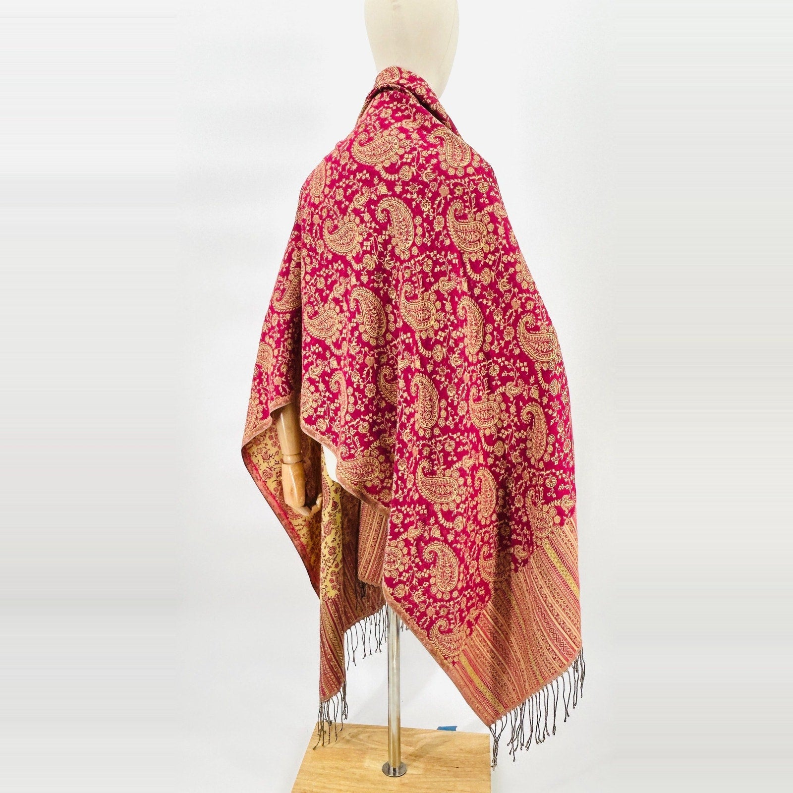 Pashmina Pink Yellow Paisley Turkish Woven Fringe Oversized Shawl Wrap