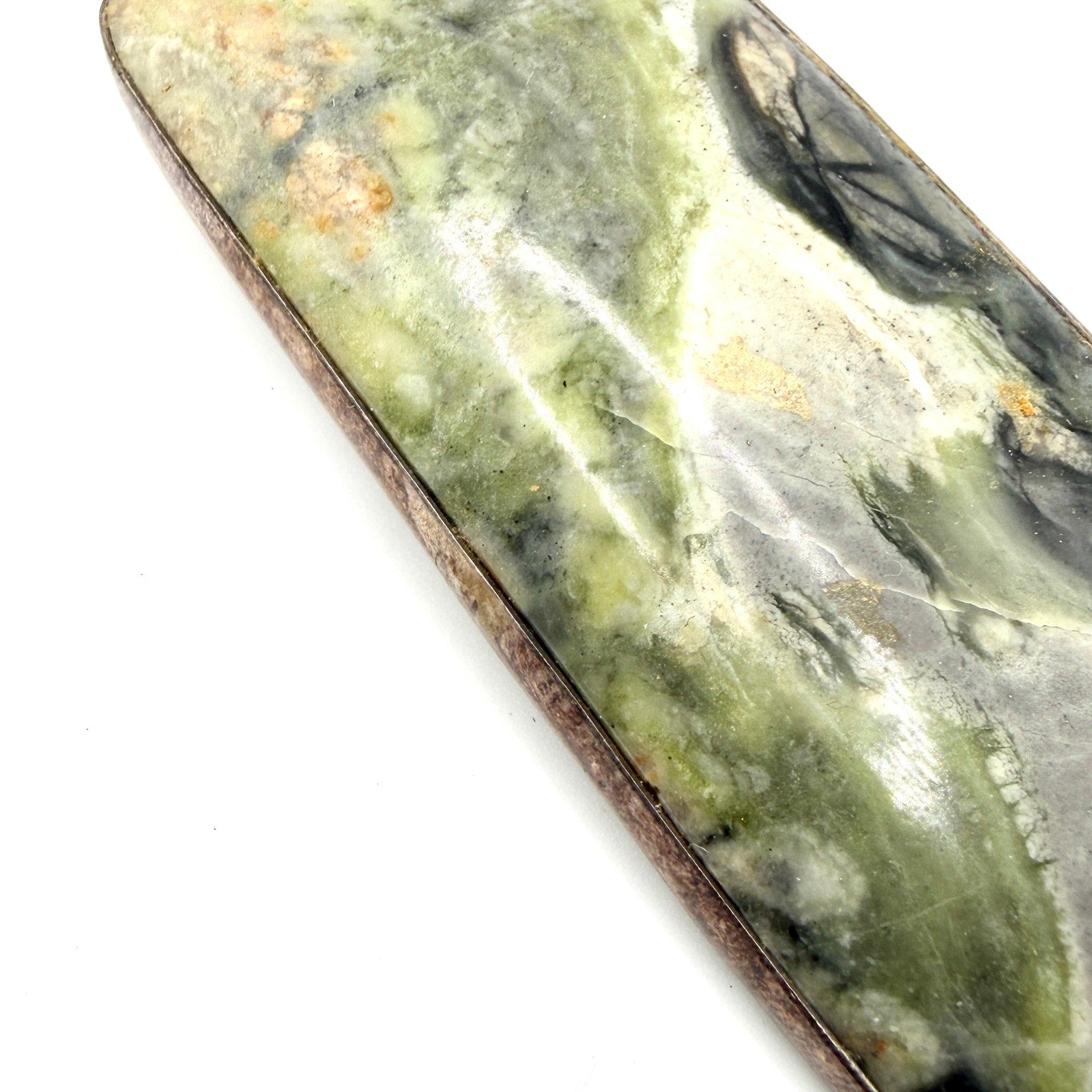 Vintage Massive Sterling Silver Green Serpentine Peridot Brooch Pendant