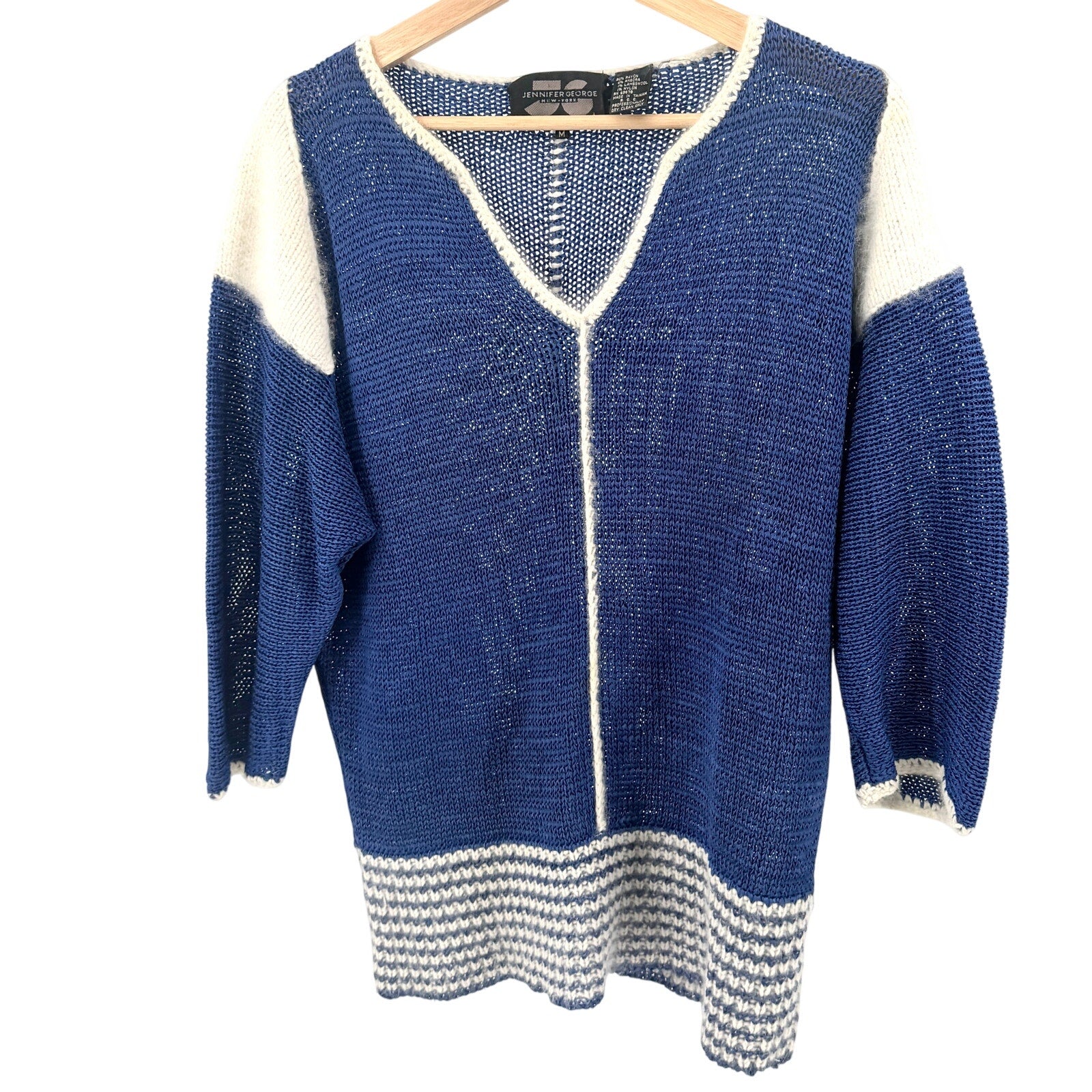 Vintage 80s Jennifer George Blue White Colorblock Angora V-Neck Sweater Top