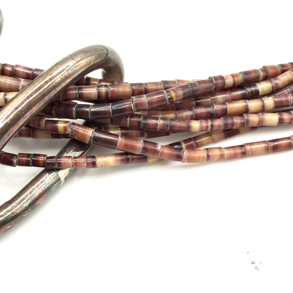Vintage 70s Sterling Silver Brown Shell Heishi Agate Slide Statement Necklace