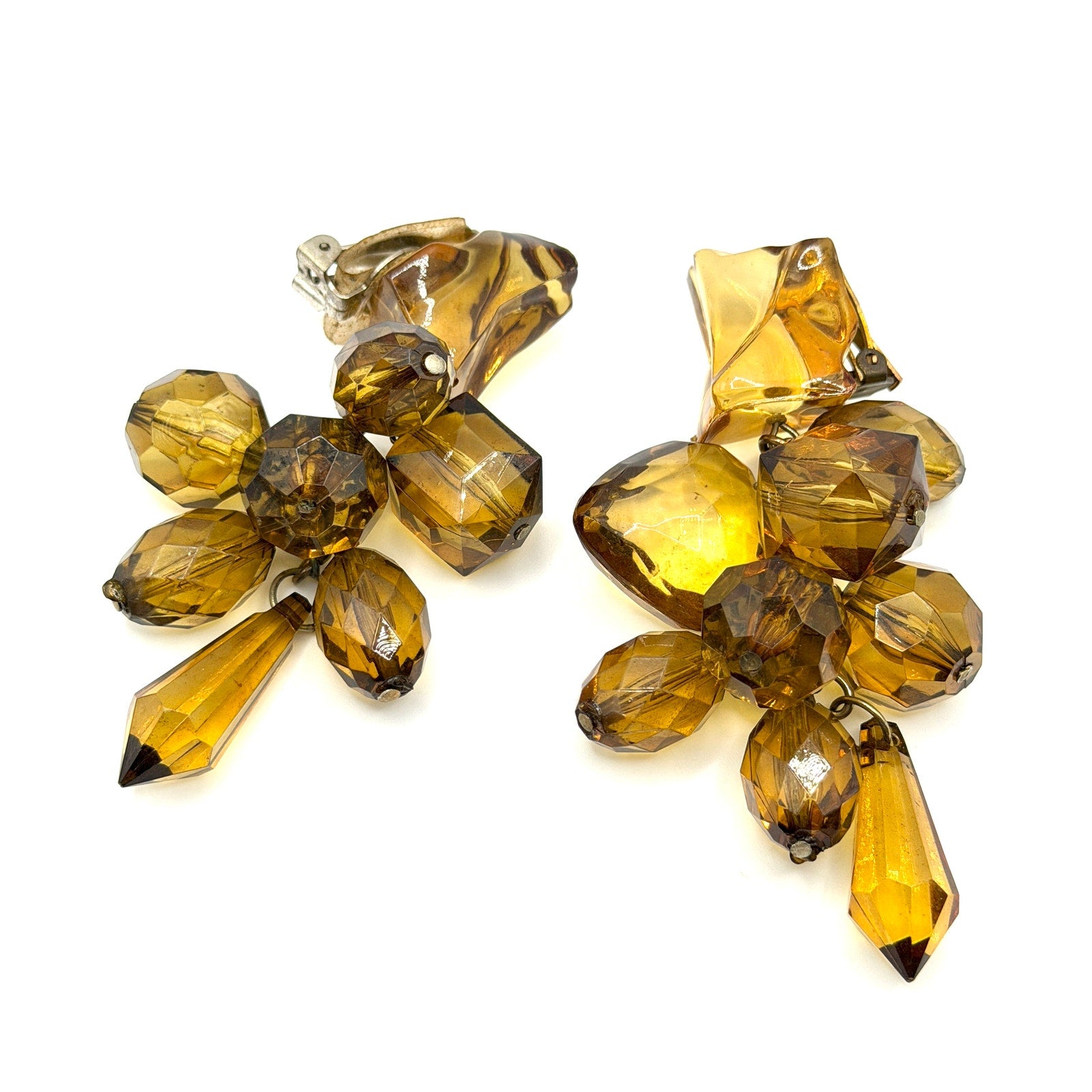 Vintage 80s Amber Lucite Massive Cluster Cascade Statement Clip On Earrings