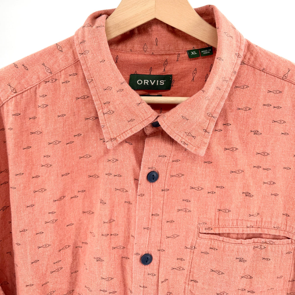 Orvis Orange Coral 100% Cotton Fish Print Short Sleeve Shirt