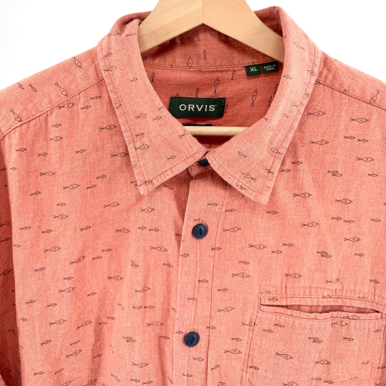 Orvis Orange Coral 100% Cotton Fish Print Short Sleeve Shirt