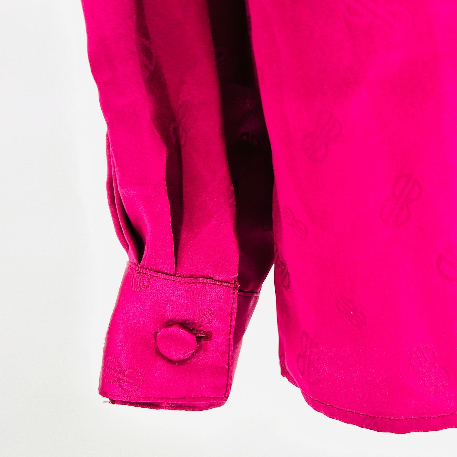 Vintage 80s Bill Blass Magenta Satin Monogram Jacquard Blouse