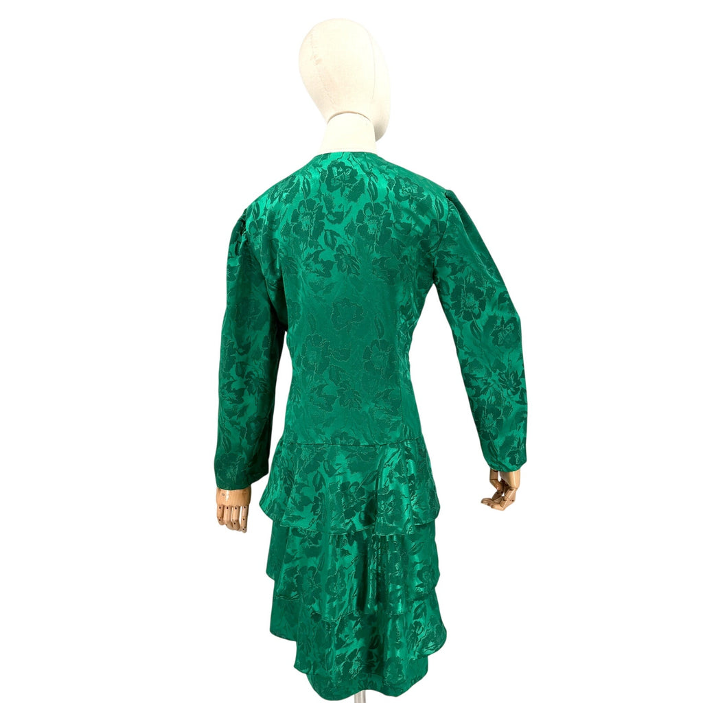 Vintage 80s Emerald Green Polyester Jacquard Drop Waist Wrap Tiered Ruffle Dress