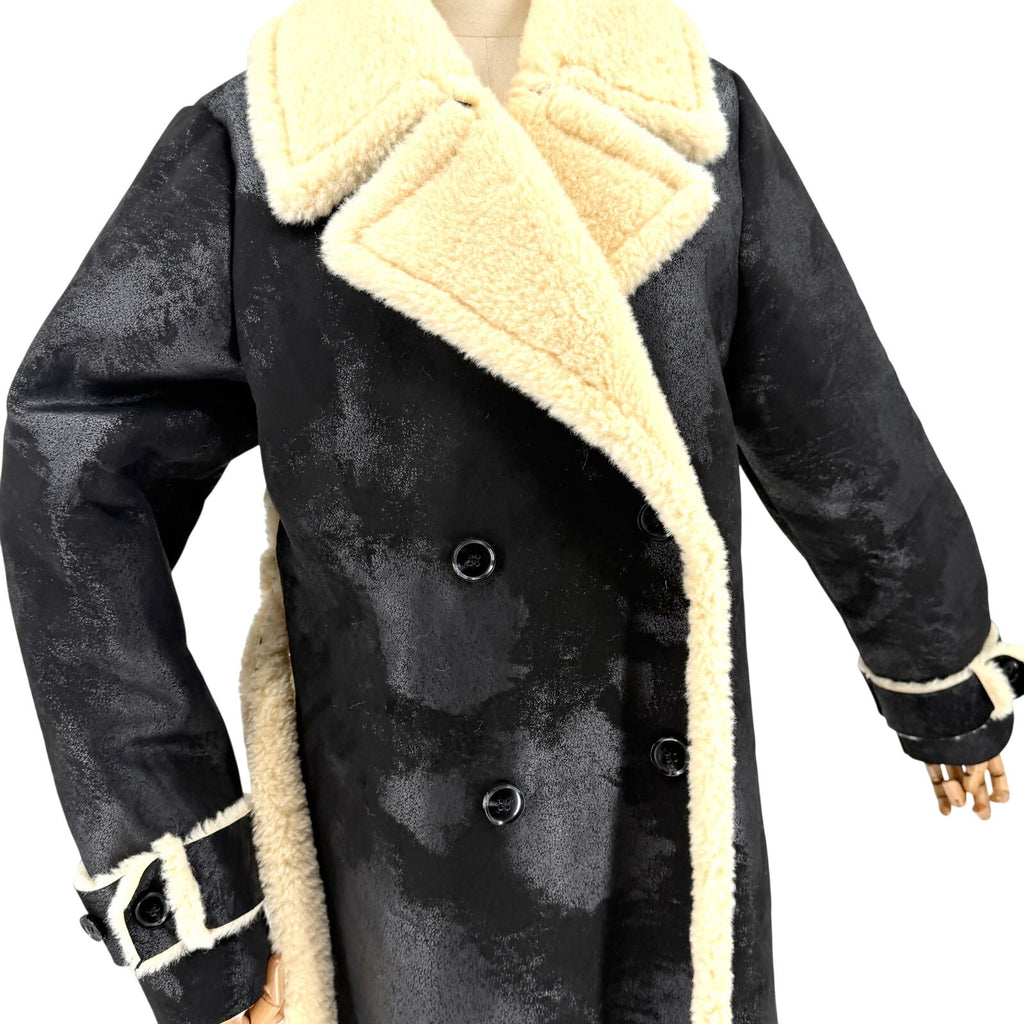 NWT Miss Selfridge Black Cream Faux Shearling Double Breasted Trenchcoat