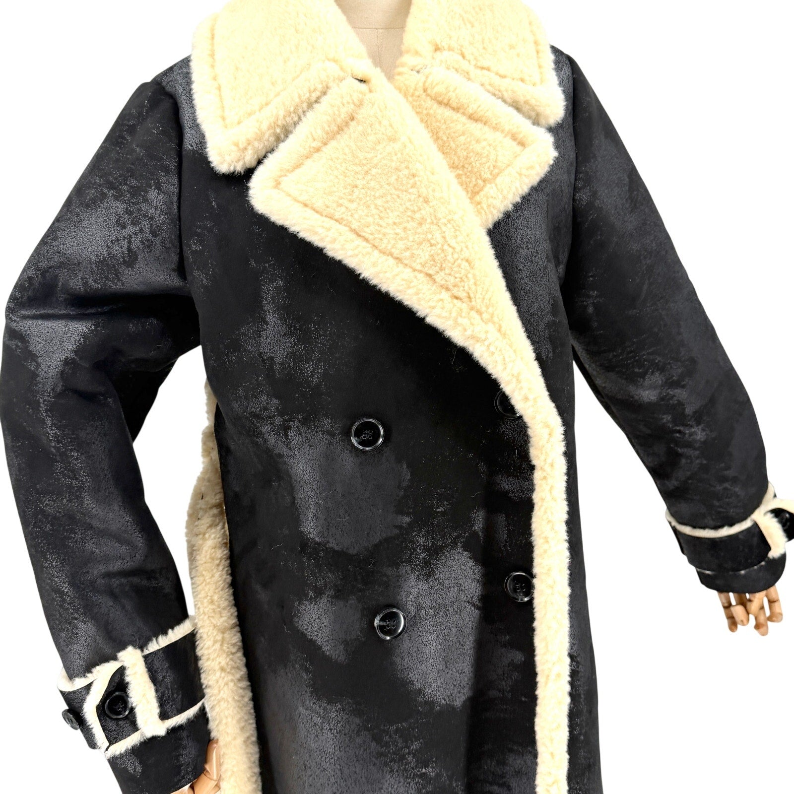 NWT Miss Selfridge Black Cream Faux Shearling Double Breasted Trenchcoat