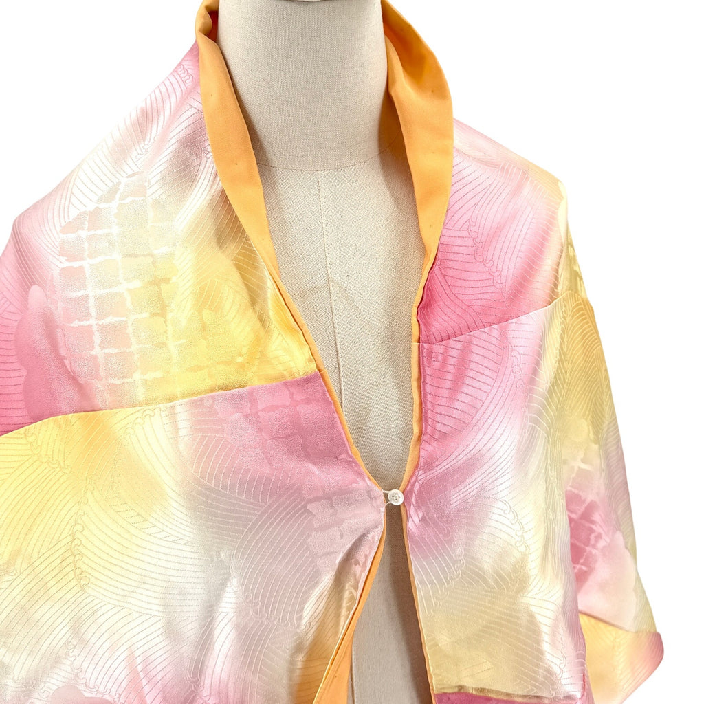 Vintage Y2K Yellow Pink Michiyuki Rinzu 100% Silk Japanese Floral Wrap Jacket