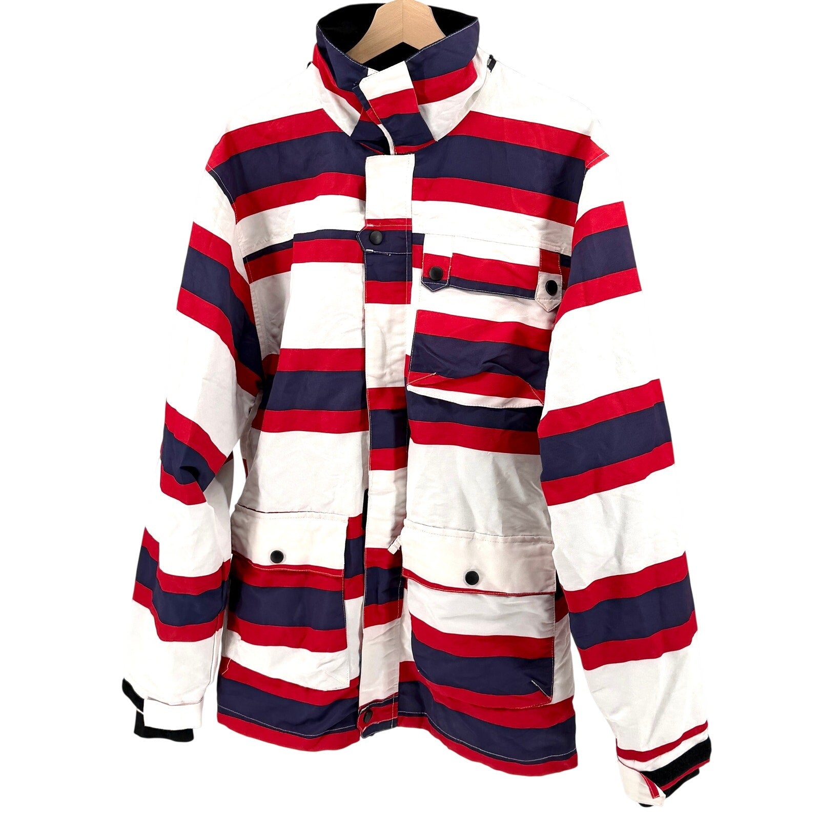 Vintage Y2K Iceburg Nautical Red White Blue Striped Ski Windbreaker Jacket