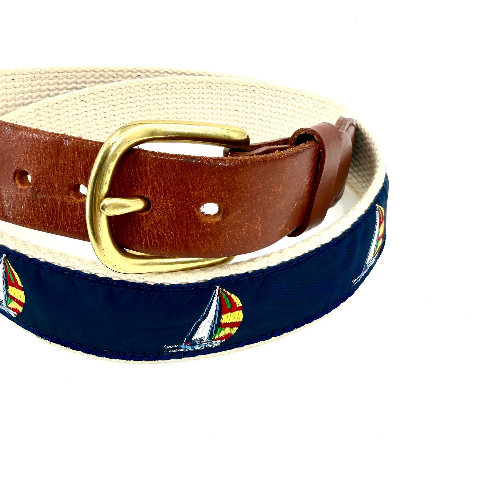 Leather Man Ltd Navy Tan Preppy Sailboat Belt