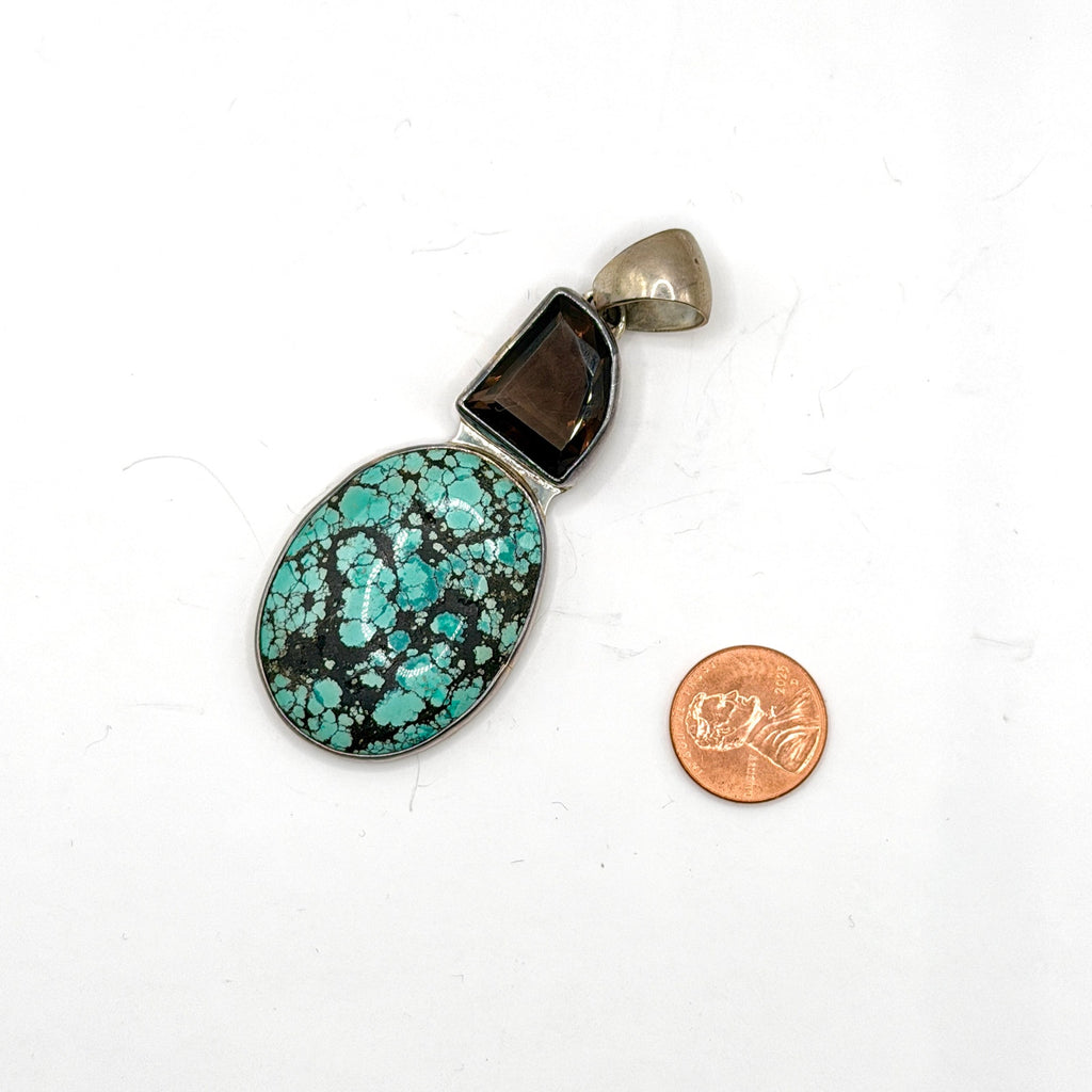 Vintage 90s Sterling Silver Stamped Turquoise Smoky Quartz Statement Pendant