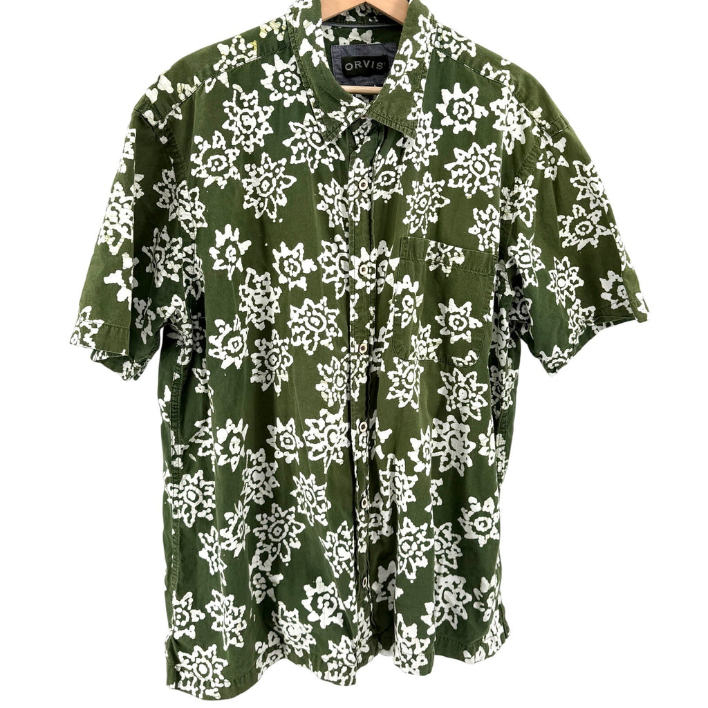 Orvis Olive Green Floral 100% Cotton Batik Print Short Sleeve Shirt